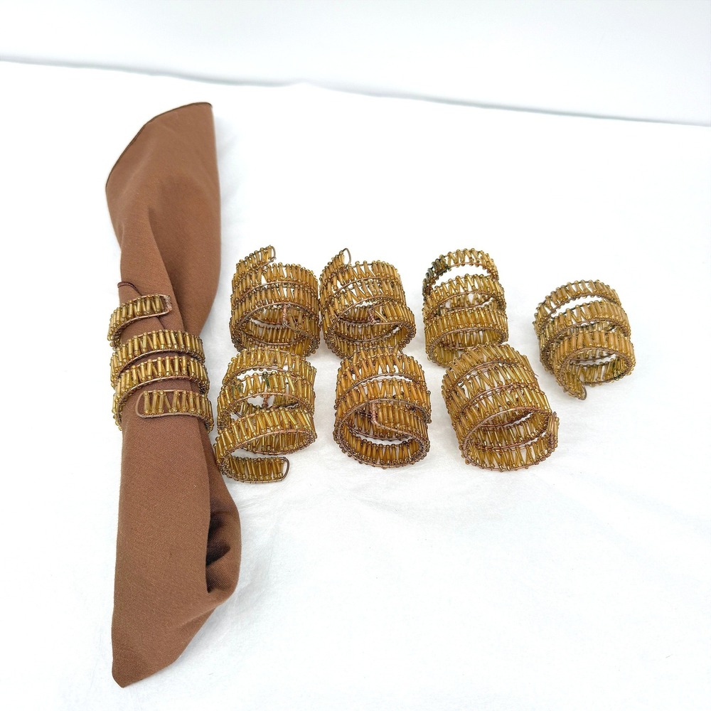Napkin Rings Amber Gold Beaded Spiral Wire Elegant Boho Table Decor Set of 8